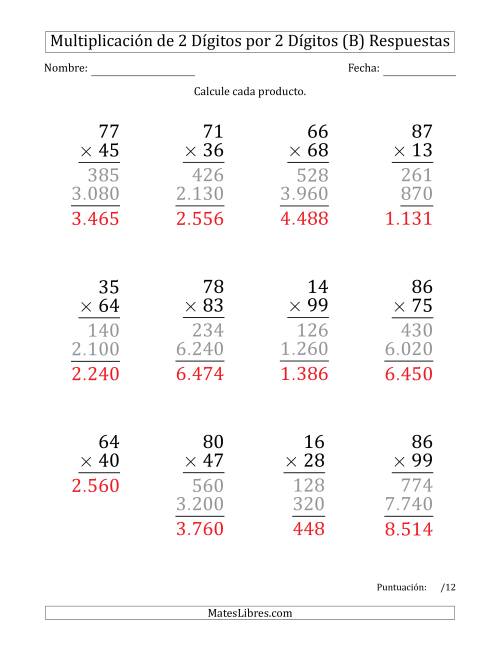 La hoja de ejercicios de Multiplicar Números de 2 Dígitos por 2 Dígitos (Formato Grande) Usando Puntos como Separadores de Millares (B) Página 2