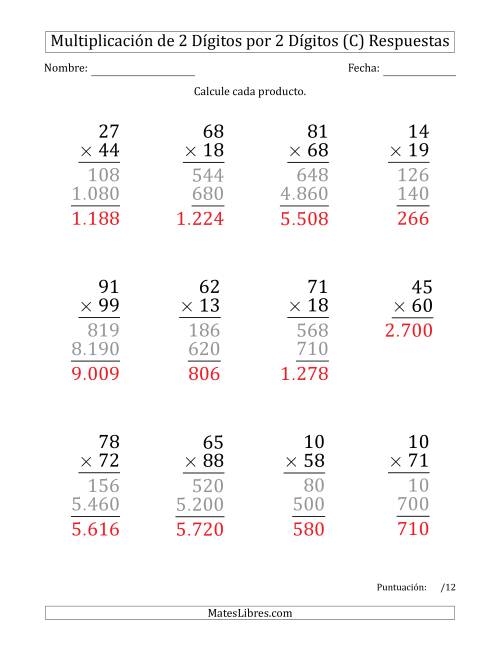 La hoja de ejercicios de Multiplicar Números de 2 Dígitos por 2 Dígitos (Formato Grande) Usando Puntos como Separadores de Millares (C) Página 2