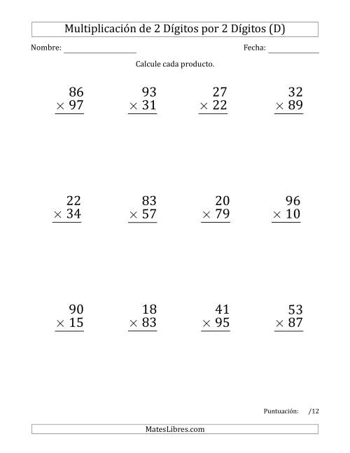 La hoja de ejercicios de Multiplicar Números de 2 Dígitos por 2 Dígitos (Formato Grande) Usando Puntos como Separadores de Millares (D)