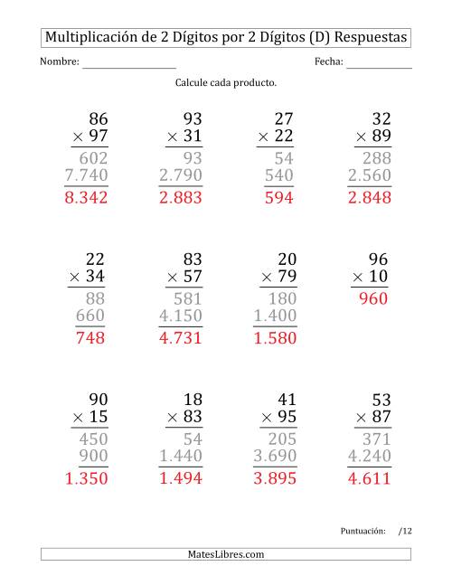 La hoja de ejercicios de Multiplicar Números de 2 Dígitos por 2 Dígitos (Formato Grande) Usando Puntos como Separadores de Millares (D) Página 2