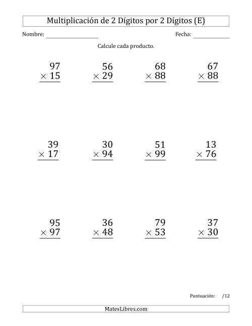 La hoja de ejercicios de Multiplicar Números de 2 Dígitos por 2 Dígitos (Formato Grande) Usando Puntos como Separadores de Millares (E)