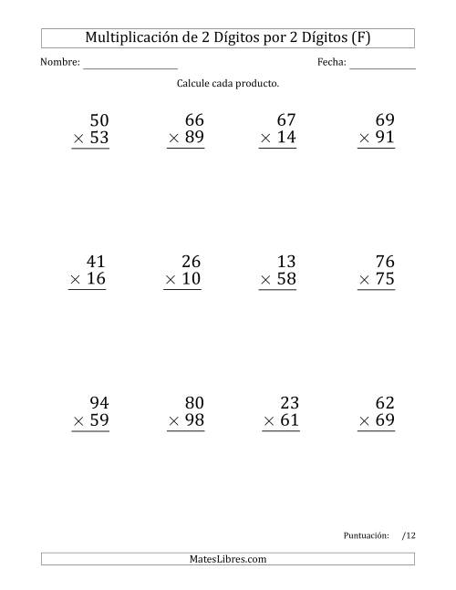 La hoja de ejercicios de Multiplicar Números de 2 Dígitos por 2 Dígitos (Formato Grande) Usando Puntos como Separadores de Millares (F)
