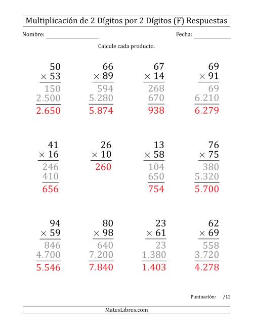 La hoja de ejercicios de Multiplicar Números de 2 Dígitos por 2 Dígitos (Formato Grande) Usando Puntos como Separadores de Millares (F) Página 2