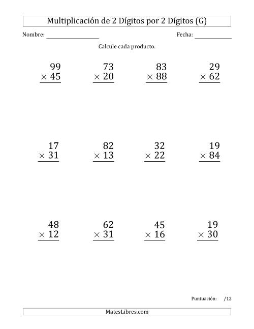 La hoja de ejercicios de Multiplicar Números de 2 Dígitos por 2 Dígitos (Formato Grande) Usando Puntos como Separadores de Millares (G)