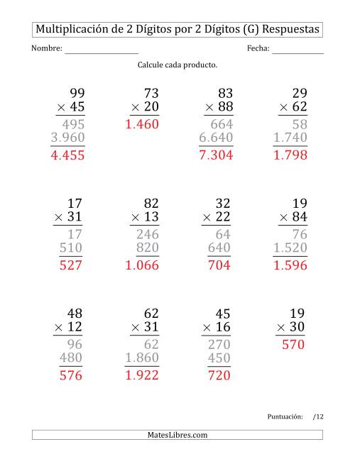 La hoja de ejercicios de Multiplicar Números de 2 Dígitos por 2 Dígitos (Formato Grande) Usando Puntos como Separadores de Millares (G) Página 2