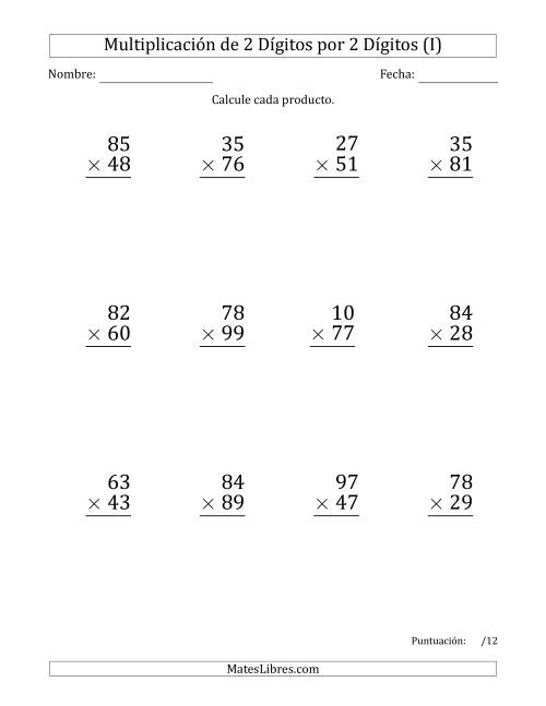La hoja de ejercicios de Multiplicar Números de 2 Dígitos por 2 Dígitos (Formato Grande) Usando Puntos como Separadores de Millares (I)