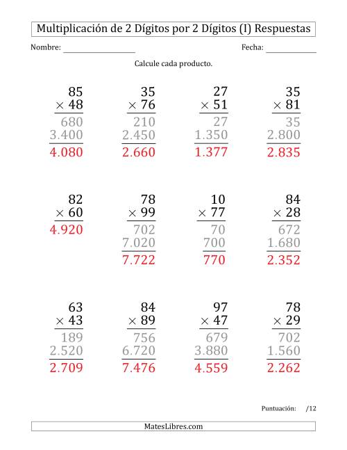 La hoja de ejercicios de Multiplicar Números de 2 Dígitos por 2 Dígitos (Formato Grande) Usando Puntos como Separadores de Millares (I) Página 2