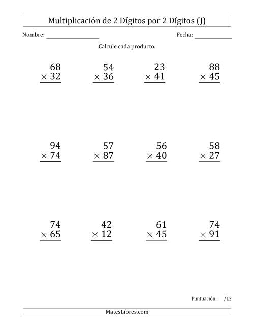 La hoja de ejercicios de Multiplicar Números de 2 Dígitos por 2 Dígitos (Formato Grande) Usando Puntos como Separadores de Millares (J)
