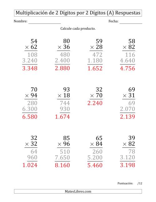 La hoja de ejercicios de Multiplicar Números de 2 Dígitos por 2 Dígitos (Formato Grande) Usando Puntos como Separadores de Millares (Todas) Página 2