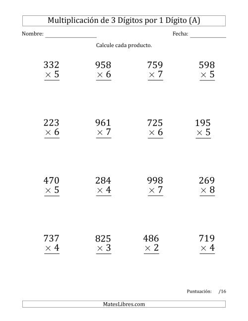 La hoja de ejercicios de Multiplicar Números de 3 Dígitos por 1 Dígito (Formato Grande) Usando Puntos como Separadores de Millares (A)