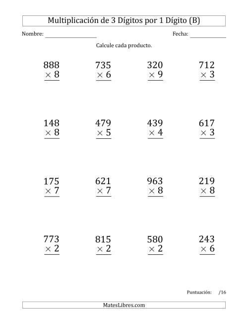 La hoja de ejercicios de Multiplicar Números de 3 Dígitos por 1 Dígito (Formato Grande) Usando Puntos como Separadores de Millares (B)