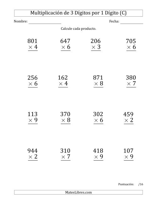 La hoja de ejercicios de Multiplicar Números de 3 Dígitos por 1 Dígito (Formato Grande) Usando Puntos como Separadores de Millares (C)