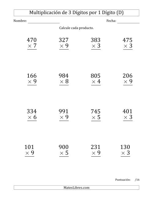 La hoja de ejercicios de Multiplicar Números de 3 Dígitos por 1 Dígito (Formato Grande) Usando Puntos como Separadores de Millares (D)