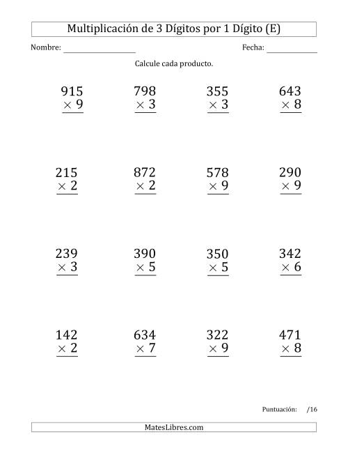 La hoja de ejercicios de Multiplicar Números de 3 Dígitos por 1 Dígito (Formato Grande) Usando Puntos como Separadores de Millares (E)