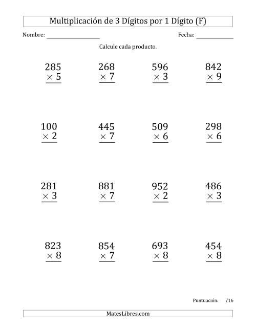 La hoja de ejercicios de Multiplicar Números de 3 Dígitos por 1 Dígito (Formato Grande) Usando Puntos como Separadores de Millares (F)