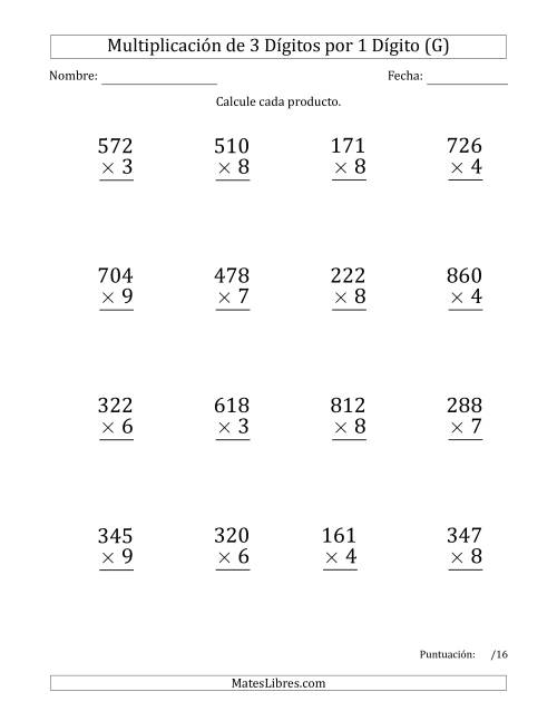 La hoja de ejercicios de Multiplicar Números de 3 Dígitos por 1 Dígito (Formato Grande) Usando Puntos como Separadores de Millares (G)