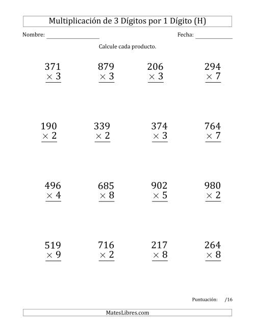 La hoja de ejercicios de Multiplicar Números de 3 Dígitos por 1 Dígito (Formato Grande) Usando Puntos como Separadores de Millares (H)