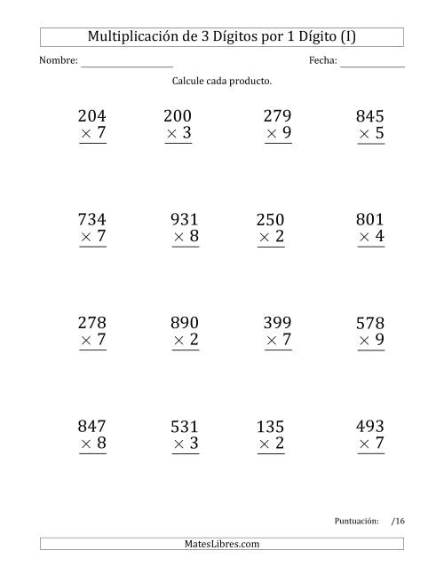La hoja de ejercicios de Multiplicar Números de 3 Dígitos por 1 Dígito (Formato Grande) Usando Puntos como Separadores de Millares (I)