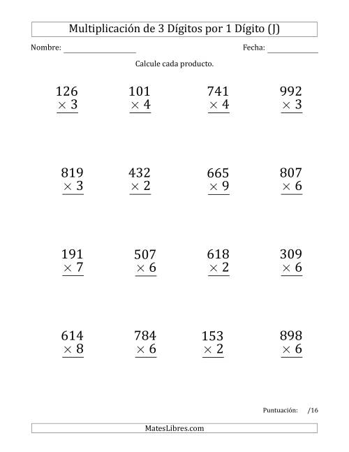 La hoja de ejercicios de Multiplicar Números de 3 Dígitos por 1 Dígito (Formato Grande) Usando Puntos como Separadores de Millares (J)