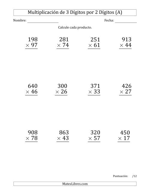 La hoja de ejercicios de Multiplicar Números de 3 Dígitos por 2 Dígitos (Formato Grande) Usando Puntos como Separadores de Millares (A)