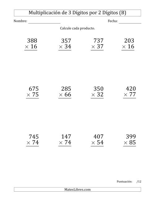 La hoja de ejercicios de Multiplicar Números de 3 Dígitos por 2 Dígitos (Formato Grande) Usando Puntos como Separadores de Millares (B)