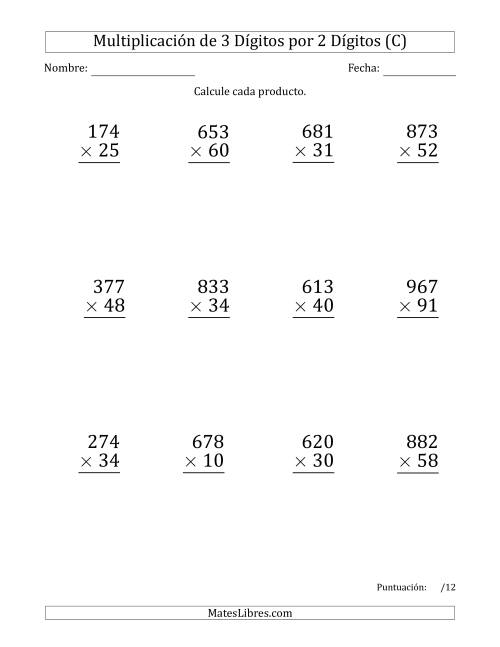 La hoja de ejercicios de Multiplicar Números de 3 Dígitos por 2 Dígitos (Formato Grande) Usando Puntos como Separadores de Millares (C)