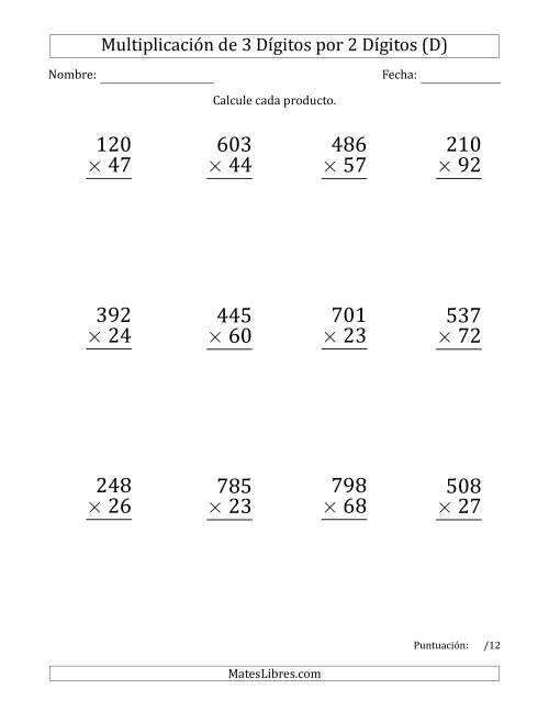 La hoja de ejercicios de Multiplicar Números de 3 Dígitos por 2 Dígitos (Formato Grande) Usando Puntos como Separadores de Millares (D)