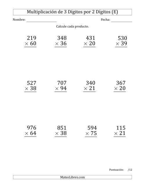 La hoja de ejercicios de Multiplicar Números de 3 Dígitos por 2 Dígitos (Formato Grande) Usando Puntos como Separadores de Millares (E)