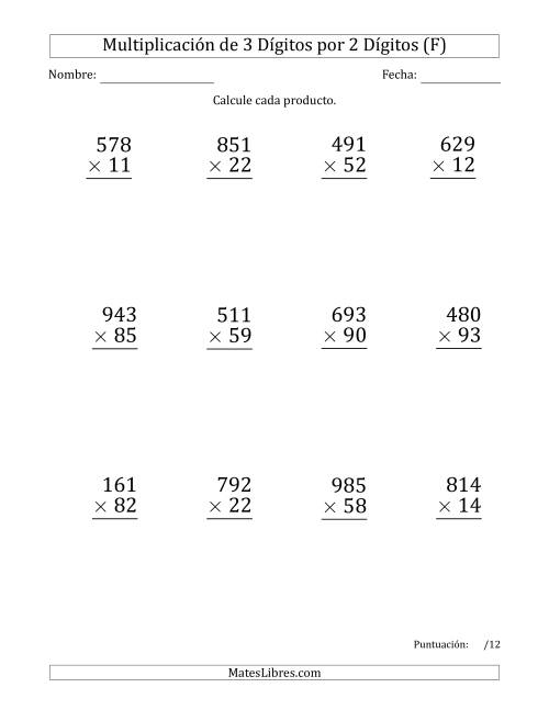 La hoja de ejercicios de Multiplicar Números de 3 Dígitos por 2 Dígitos (Formato Grande) Usando Puntos como Separadores de Millares (F)