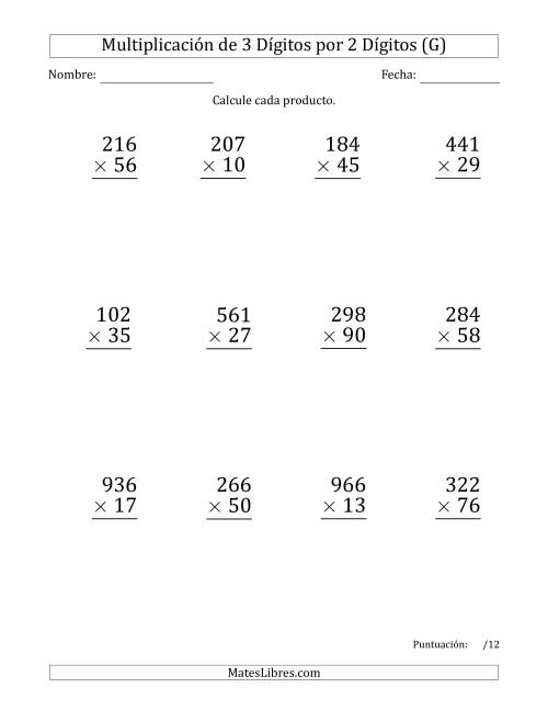 La hoja de ejercicios de Multiplicar Números de 3 Dígitos por 2 Dígitos (Formato Grande) Usando Puntos como Separadores de Millares (G)