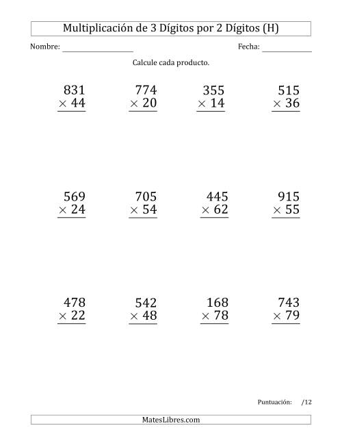La hoja de ejercicios de Multiplicar Números de 3 Dígitos por 2 Dígitos (Formato Grande) Usando Puntos como Separadores de Millares (H)