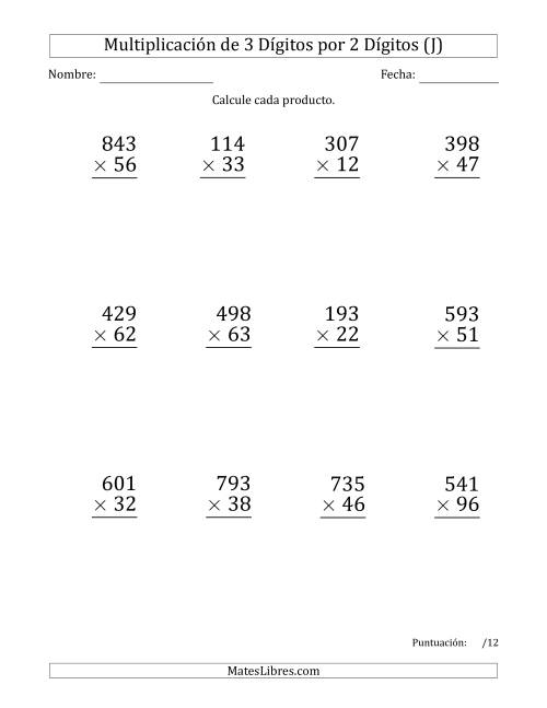 La hoja de ejercicios de Multiplicar Números de 3 Dígitos por 2 Dígitos (Formato Grande) Usando Puntos como Separadores de Millares (J)