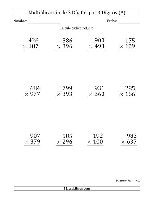 La hoja de ejercicios de Multiplicar Números de 3 Dígitos por 3 Dígitos (Formato Grande) Usando Puntos como Separadores de Millares (A)