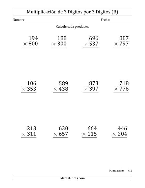 La hoja de ejercicios de Multiplicar Números de 3 Dígitos por 3 Dígitos (Formato Grande) Usando Puntos como Separadores de Millares (B)