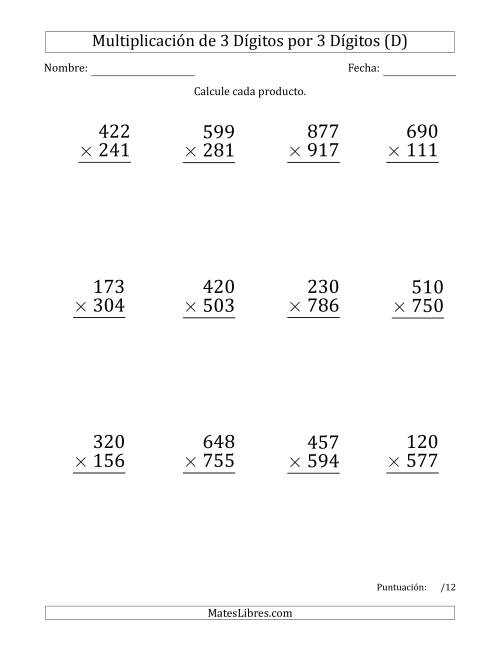 La hoja de ejercicios de Multiplicar Números de 3 Dígitos por 3 Dígitos (Formato Grande) Usando Puntos como Separadores de Millares (D)