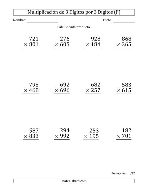 La hoja de ejercicios de Multiplicar Números de 3 Dígitos por 3 Dígitos (Formato Grande) Usando Puntos como Separadores de Millares (F)