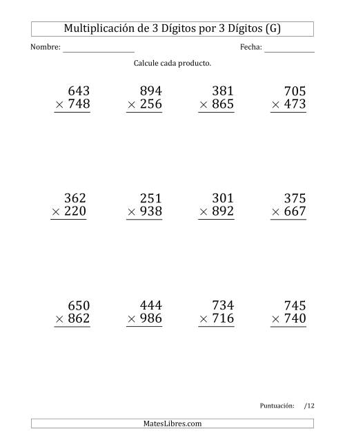 La hoja de ejercicios de Multiplicar Números de 3 Dígitos por 3 Dígitos (Formato Grande) Usando Puntos como Separadores de Millares (G)