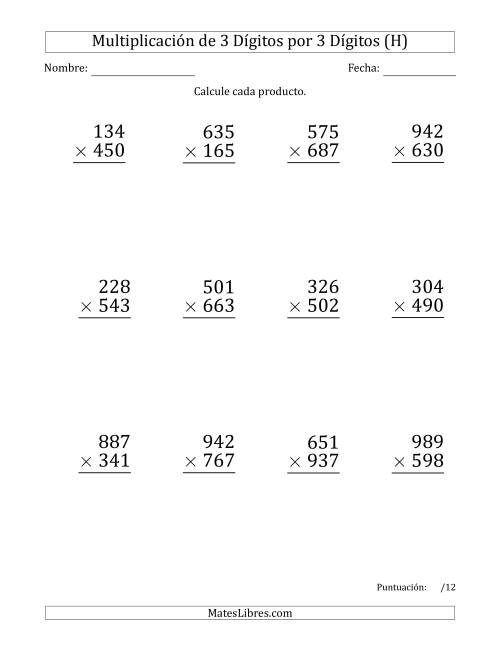 La hoja de ejercicios de Multiplicar Números de 3 Dígitos por 3 Dígitos (Formato Grande) Usando Puntos como Separadores de Millares (H)