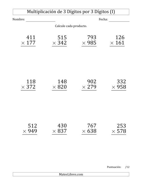 La hoja de ejercicios de Multiplicar Números de 3 Dígitos por 3 Dígitos (Formato Grande) Usando Puntos como Separadores de Millares (I)