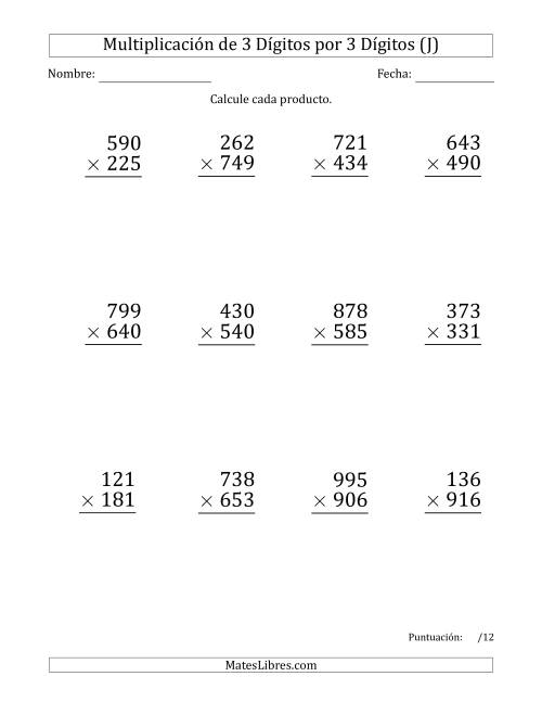 La hoja de ejercicios de Multiplicar Números de 3 Dígitos por 3 Dígitos (Formato Grande) Usando Puntos como Separadores de Millares (J)