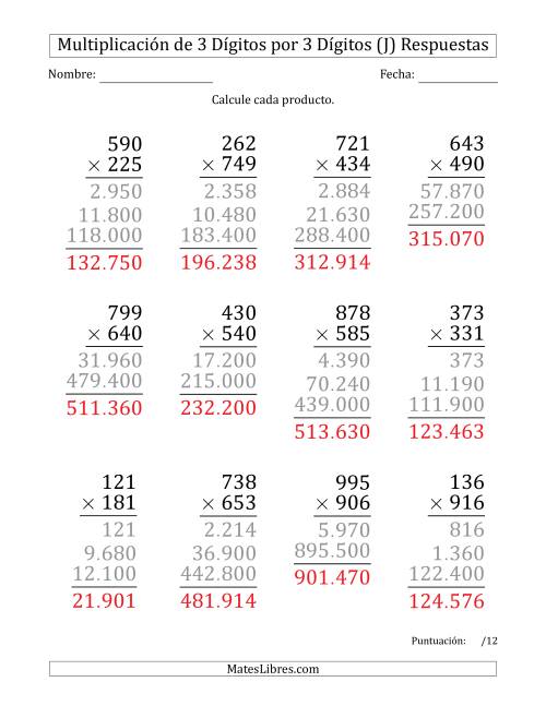 La hoja de ejercicios de Multiplicar Números de 3 Dígitos por 3 Dígitos (Formato Grande) Usando Puntos como Separadores de Millares (J) Página 2