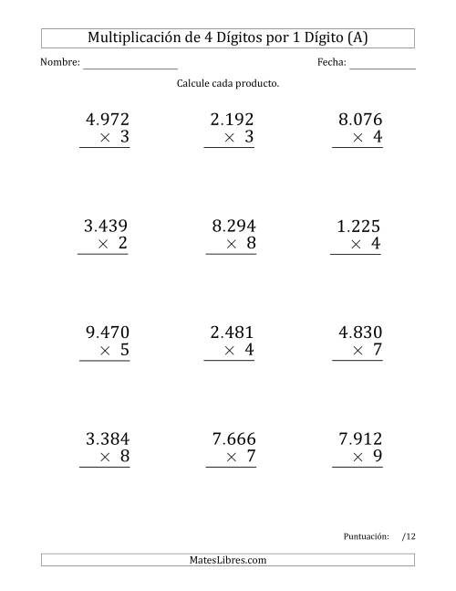 La hoja de ejercicios de Multiplicar Números de 4 Dígitos por 1 Dígito (Formato Grande) Usando Puntos como Separadores de Millares (A)