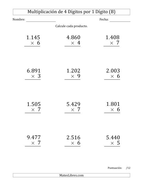 La hoja de ejercicios de Multiplicar Números de 4 Dígitos por 1 Dígito (Formato Grande) Usando Puntos como Separadores de Millares (B)