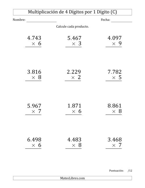 La hoja de ejercicios de Multiplicar Números de 4 Dígitos por 1 Dígito (Formato Grande) Usando Puntos como Separadores de Millares (C)