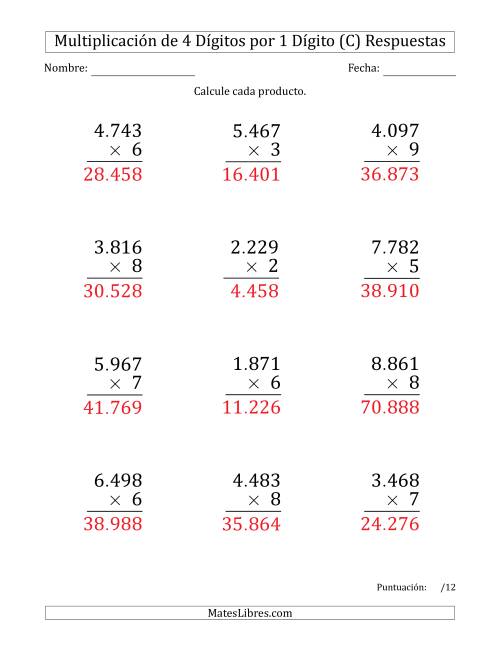 La hoja de ejercicios de Multiplicar Números de 4 Dígitos por 1 Dígito (Formato Grande) Usando Puntos como Separadores de Millares (C) Página 2