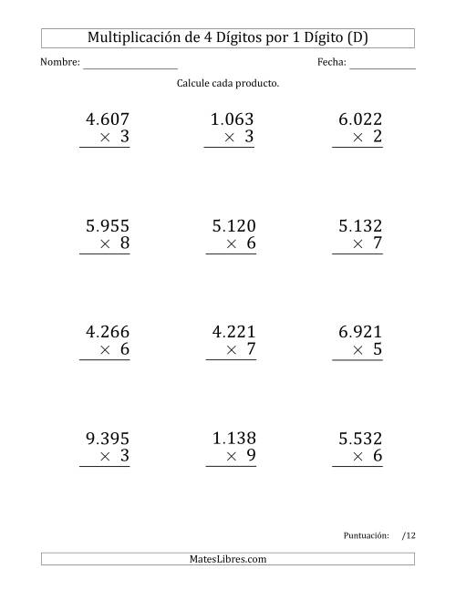 La hoja de ejercicios de Multiplicar Números de 4 Dígitos por 1 Dígito (Formato Grande) Usando Puntos como Separadores de Millares (D)