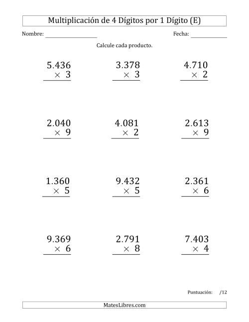 La hoja de ejercicios de Multiplicar Números de 4 Dígitos por 1 Dígito (Formato Grande) Usando Puntos como Separadores de Millares (E)