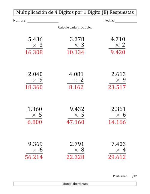 La hoja de ejercicios de Multiplicar Números de 4 Dígitos por 1 Dígito (Formato Grande) Usando Puntos como Separadores de Millares (E) Página 2