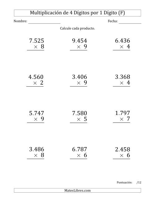 La hoja de ejercicios de Multiplicar Números de 4 Dígitos por 1 Dígito (Formato Grande) Usando Puntos como Separadores de Millares (F)