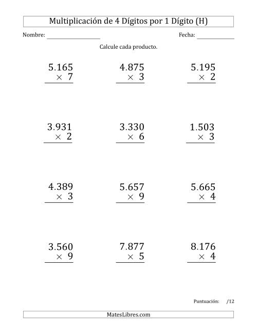 La hoja de ejercicios de Multiplicar Números de 4 Dígitos por 1 Dígito (Formato Grande) Usando Puntos como Separadores de Millares (H)